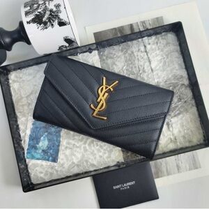 Yves Saint Laurent Black Quilted Wallet with Gold Emblem